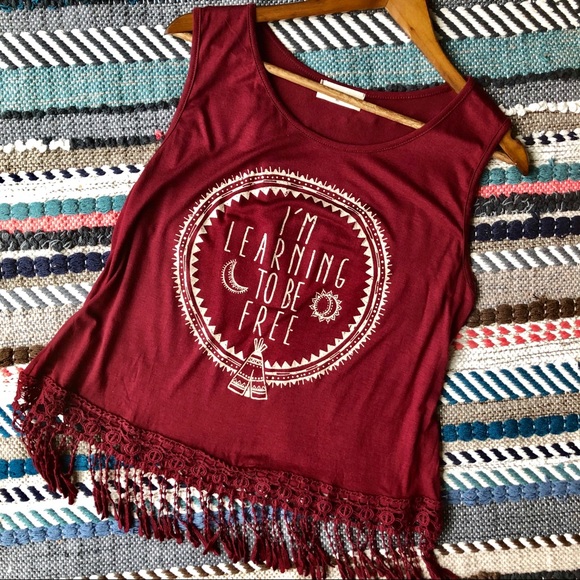 french pastry Tops - “I’m Learning To Be Free” Tassel Bottom Boho Tank
